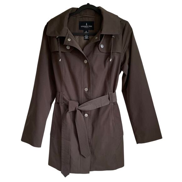 London Fog Trench Rain Coat Sz S Short Lined Brown Removable Hood Belted Classic